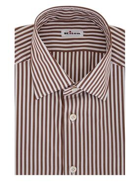$795 Kiton Brown Bengal Stripe Dress Shirt Handmade 18.5